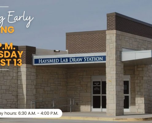 Exterior view of a lab building with an overlaid announcement: 'Closing Early 4:00 P.M. Thursday August 13' in large orange text; normal hours shown at bottom.