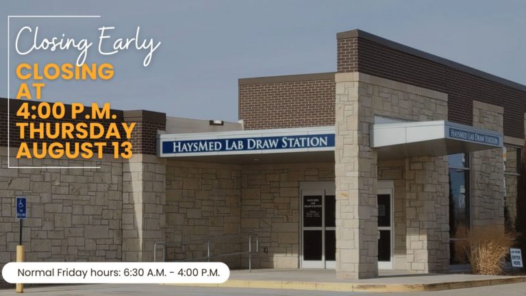 Exterior view of a lab building with an overlaid announcement: 'Closing Early 4:00 P.M. Thursday August 13' in large orange text; normal hours shown at bottom.